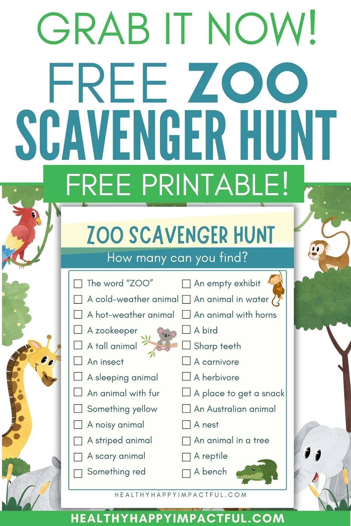 zoo scavenger hunt free printable; preschool; field trip; for kids