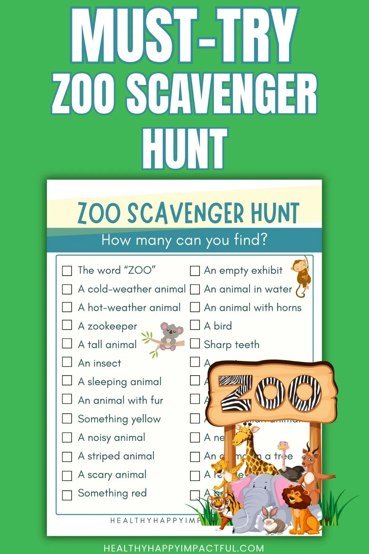 zoo scavenger hunt free printable for older kids; kindergarten
