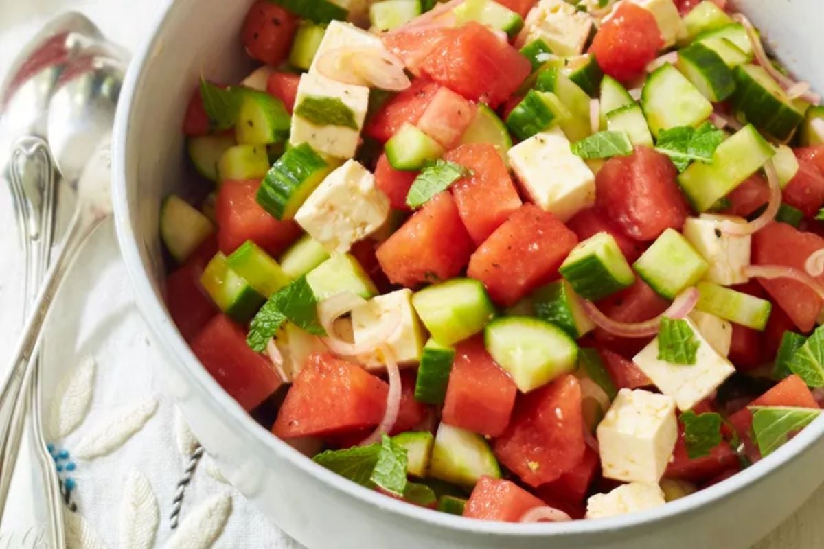 watermelon, cucumber, and feta salad