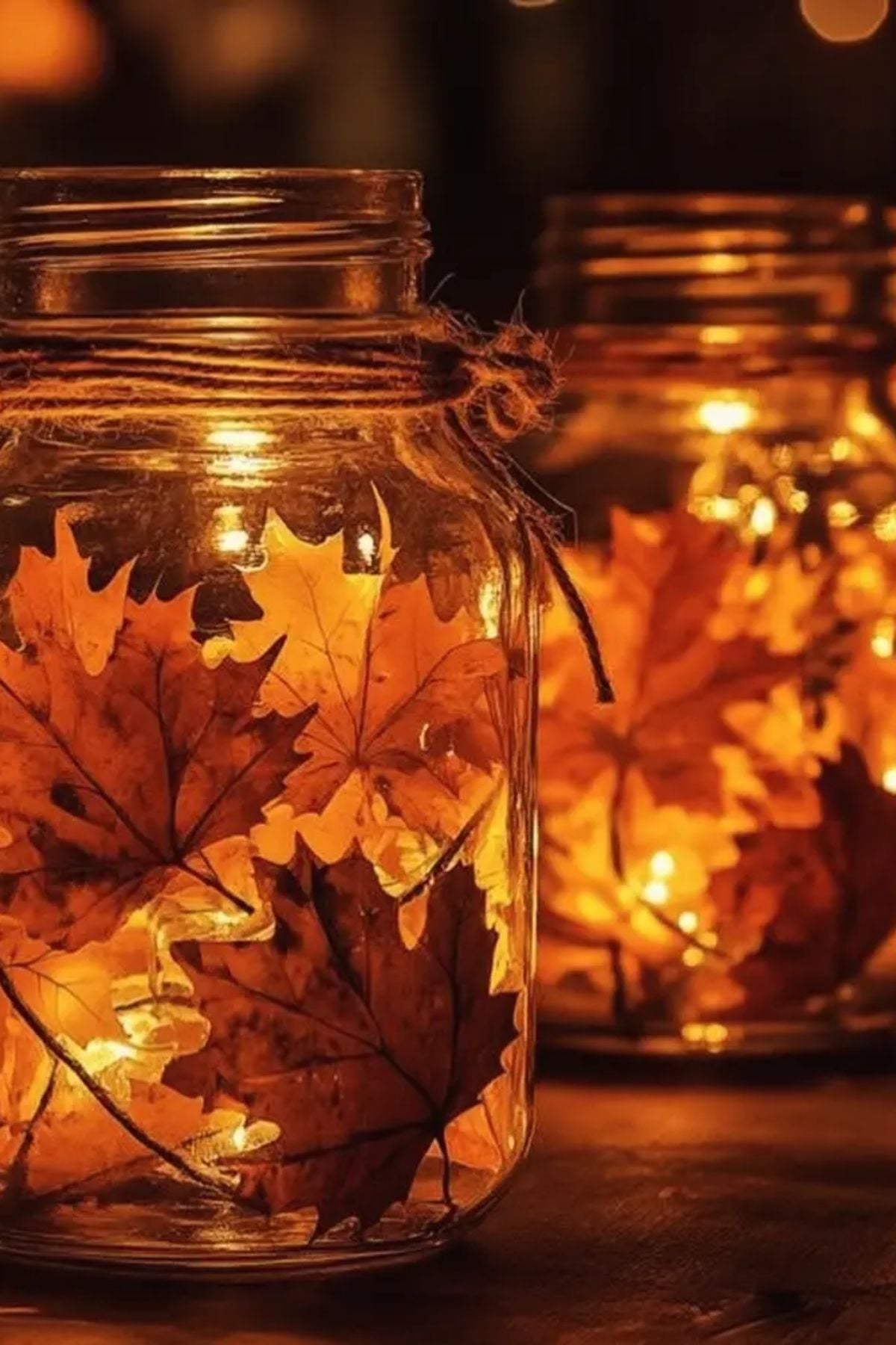 leaf jar lanterns; fall party decor ideas