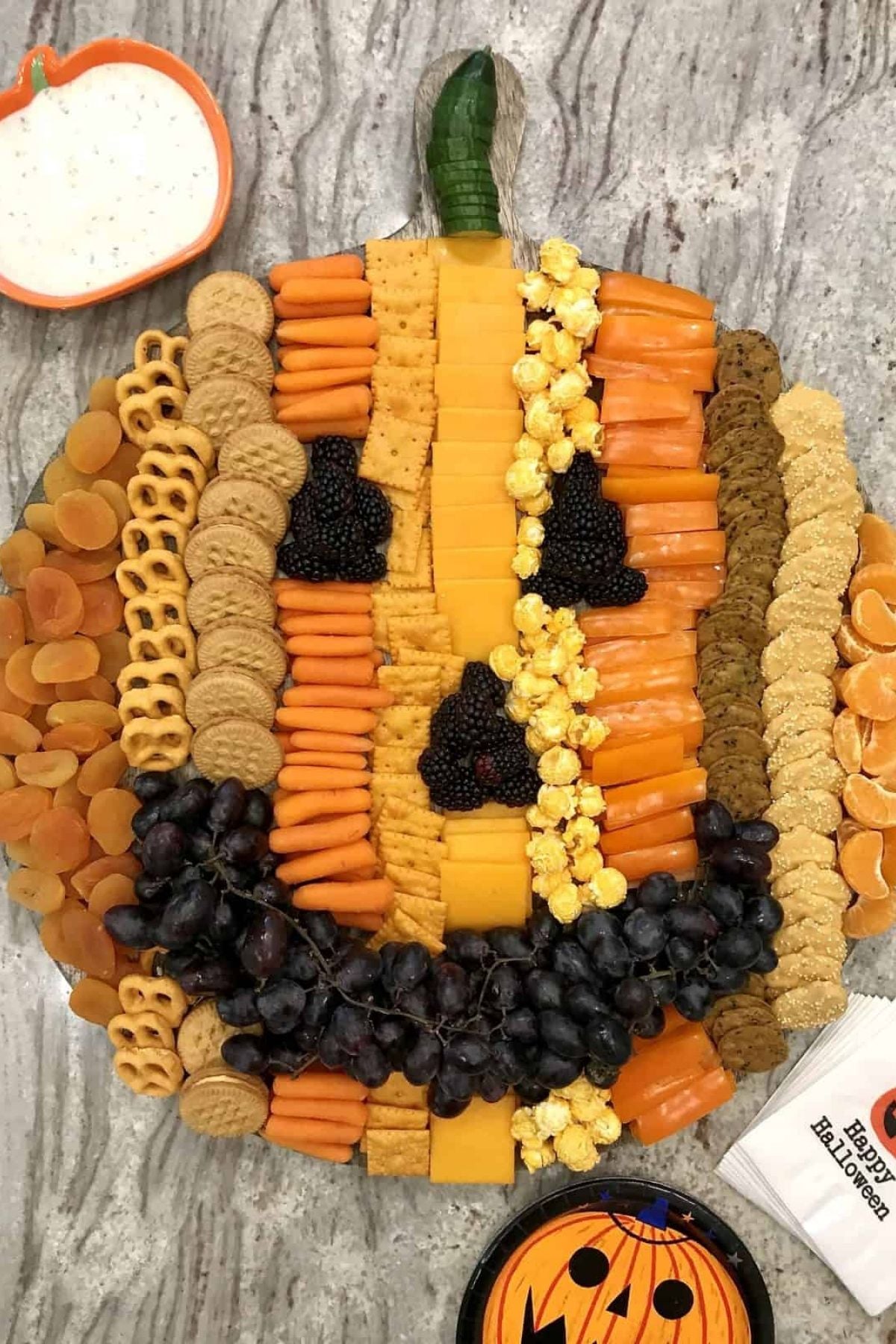 pumpkin snack board; fall party food ideas for kids and adults