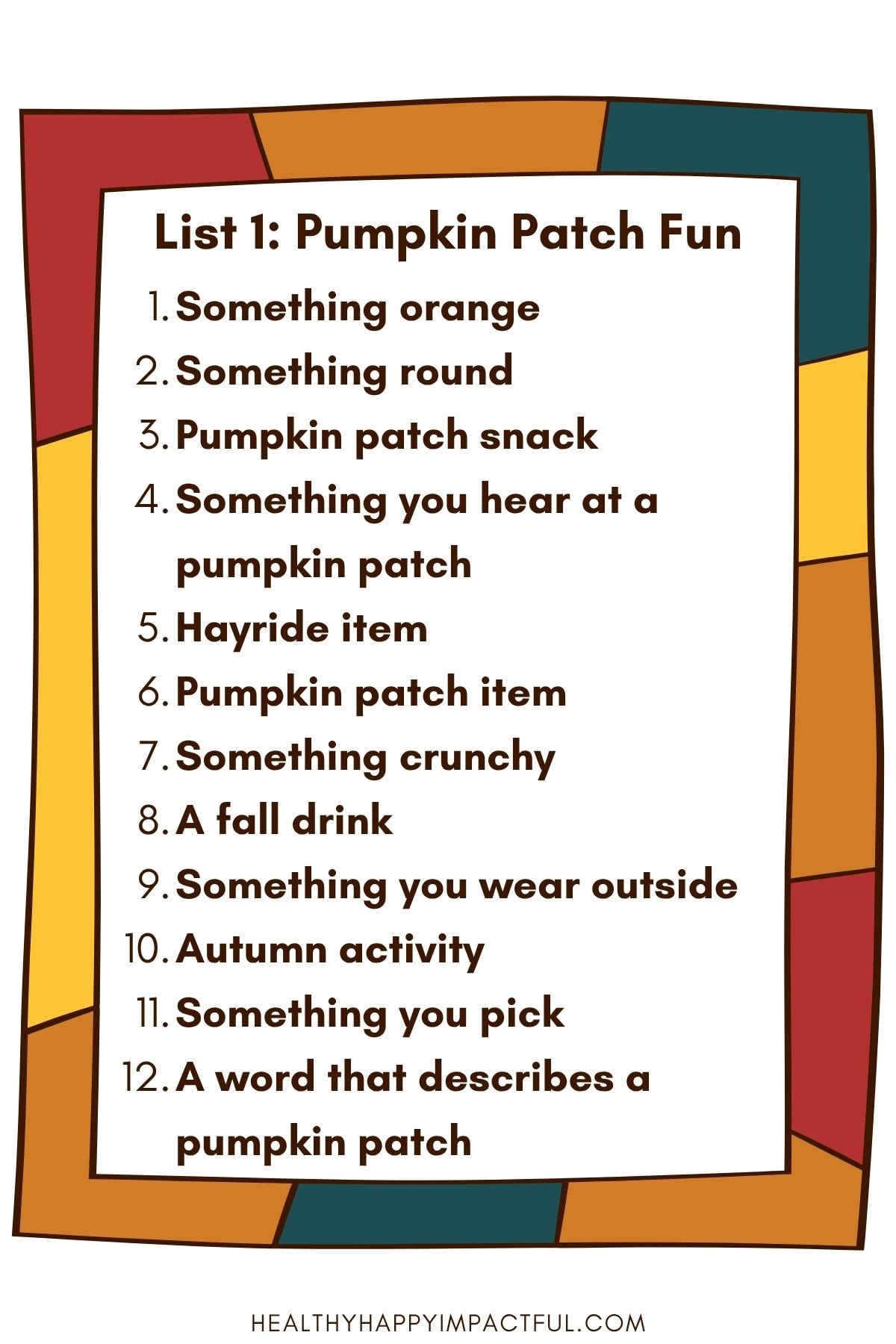 fall scattergories game lists; pumpkin patch category