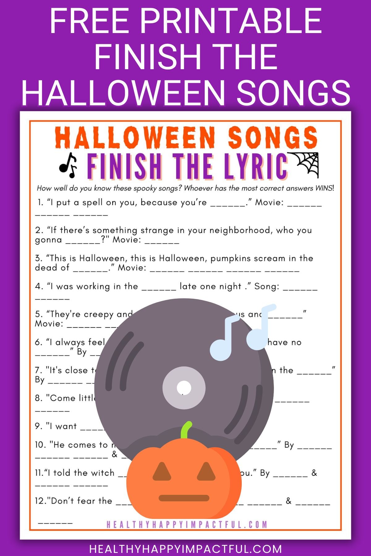 finish the Halloween song lyrics game free printable