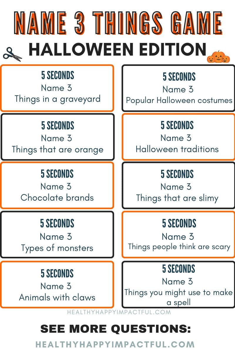 5 second name 3 things game cards and questions for kids, teens, adults