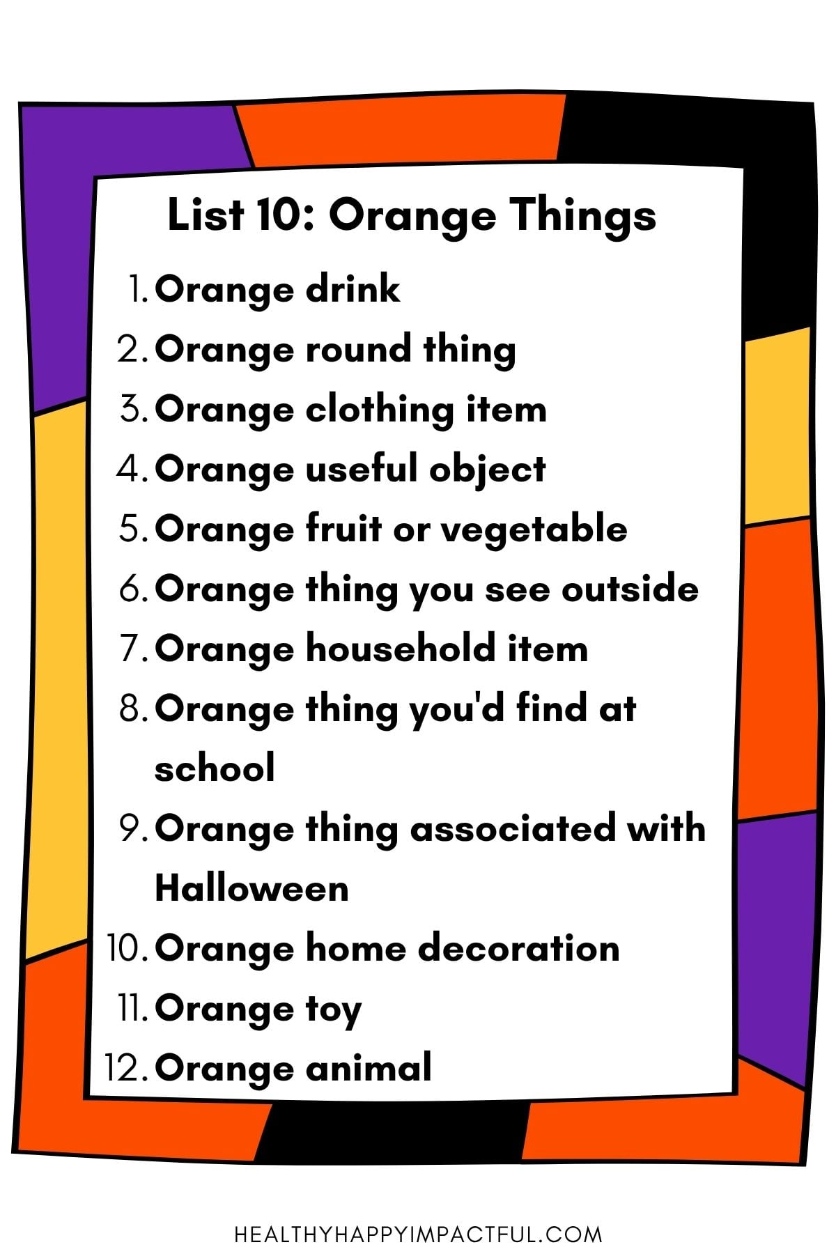 orange things categories scattergories list game