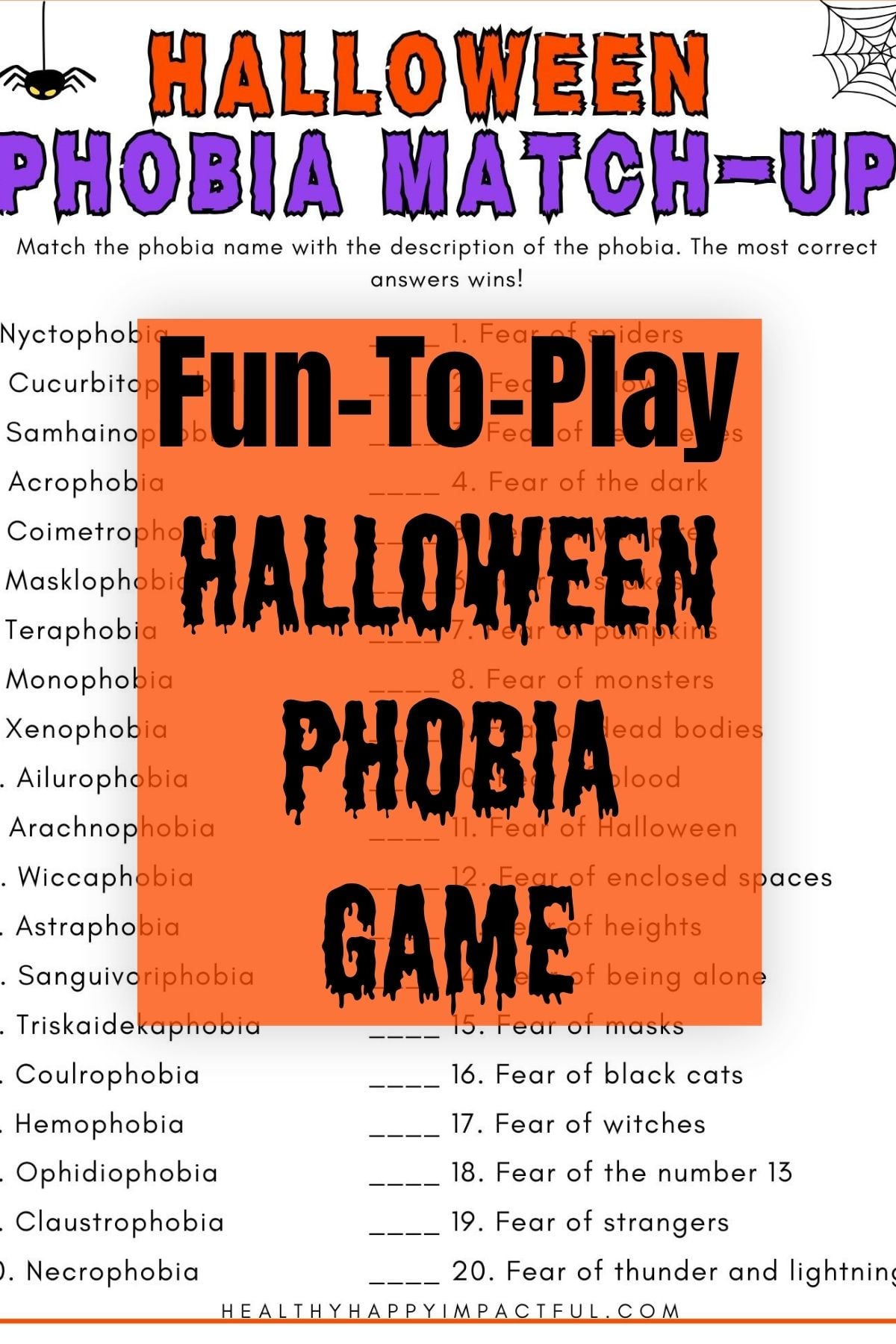 Halloween phobia match-up words game