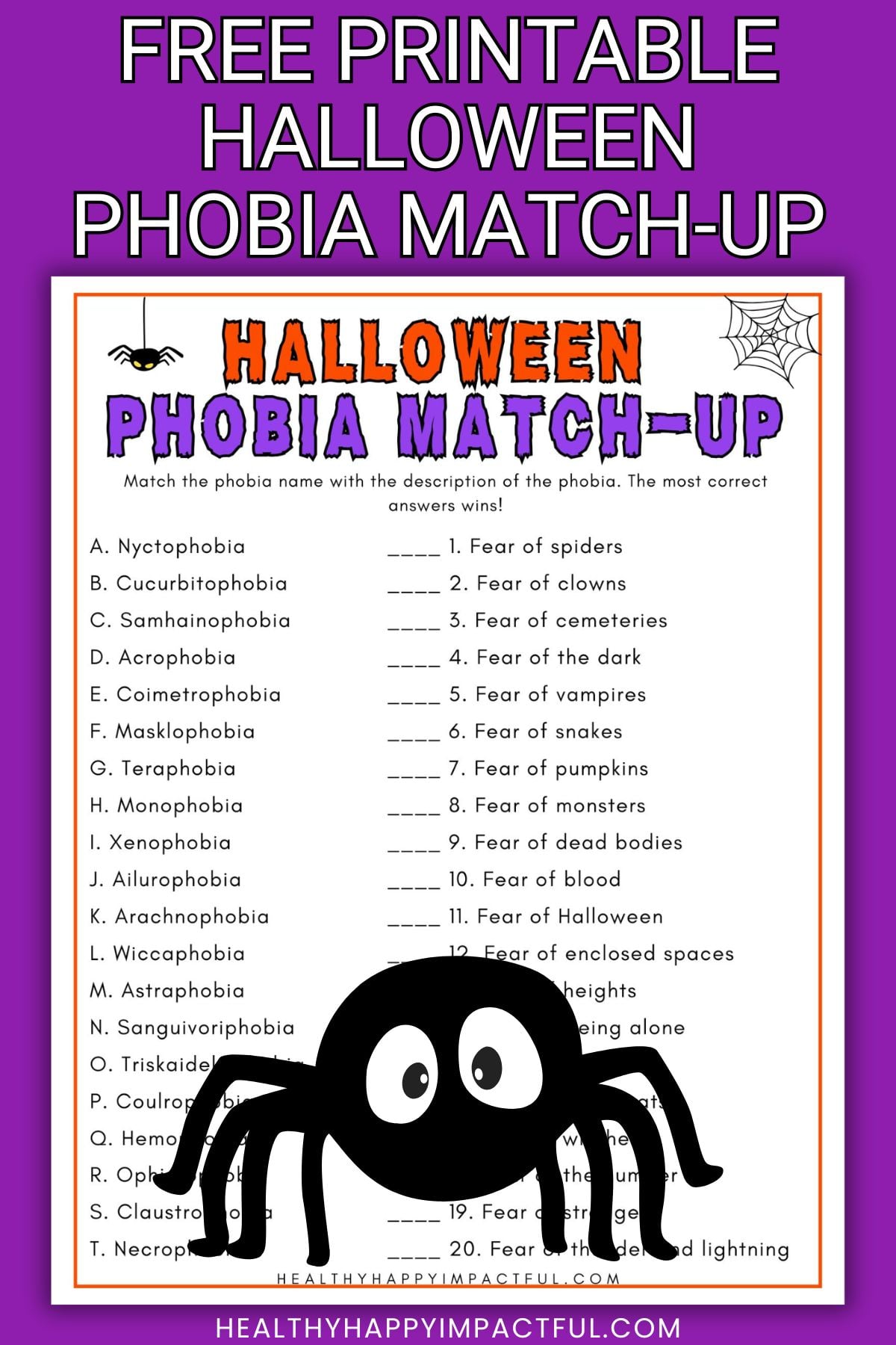Halloween phobia match up game words free printable