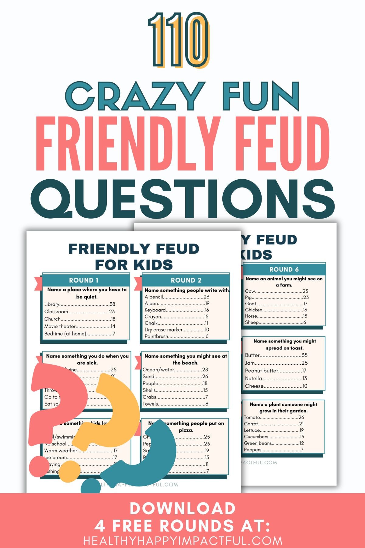 friendly feud pdf questions for kids, teens, adults