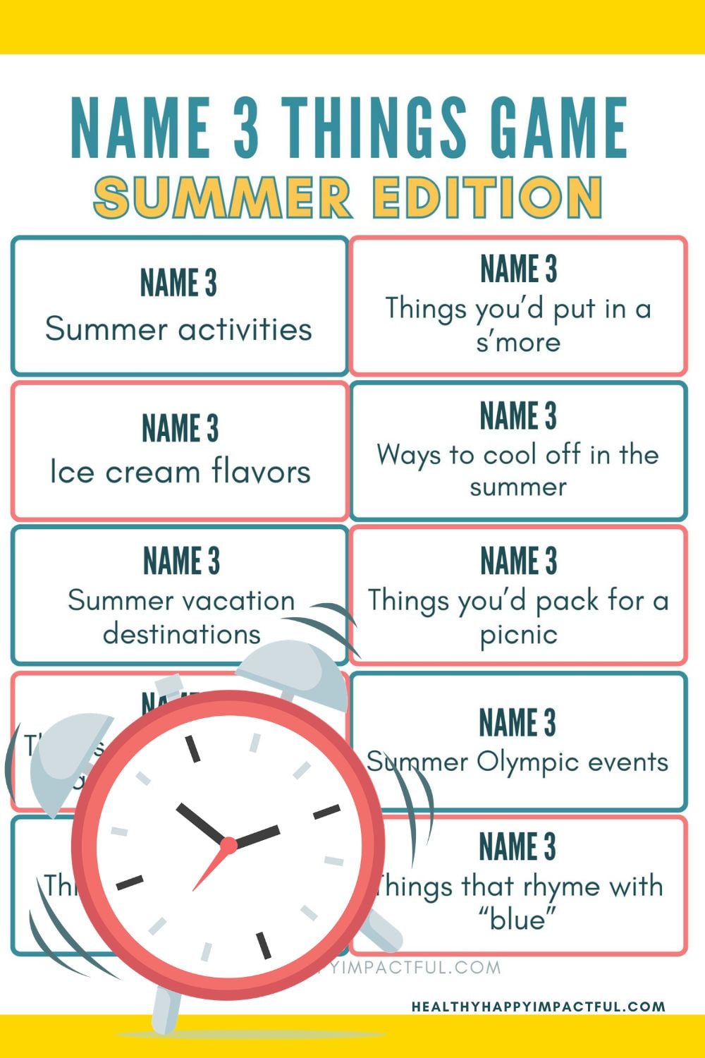 name 3 things, 5 second rule game for summer, june, july, August