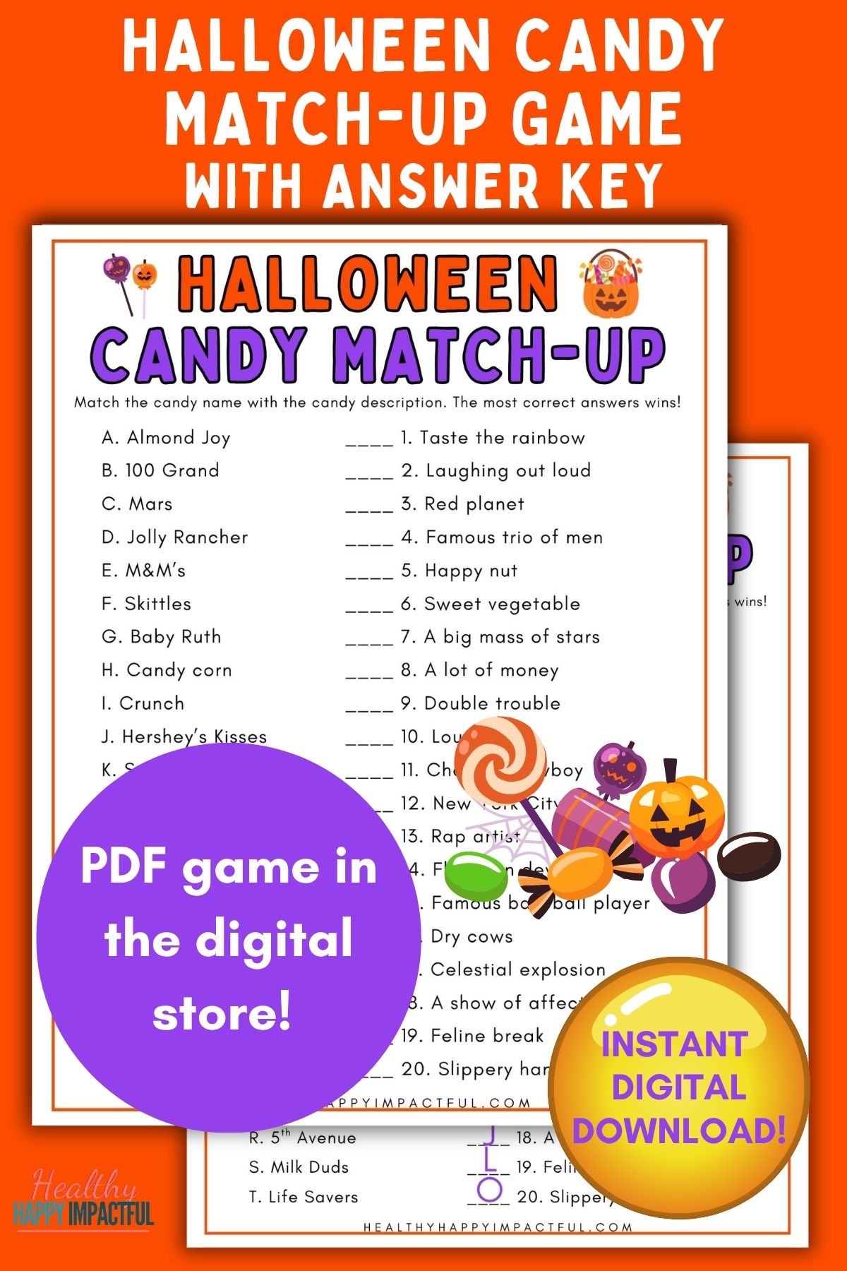 Halloween candy match printable quiz trivia game for kids and adults