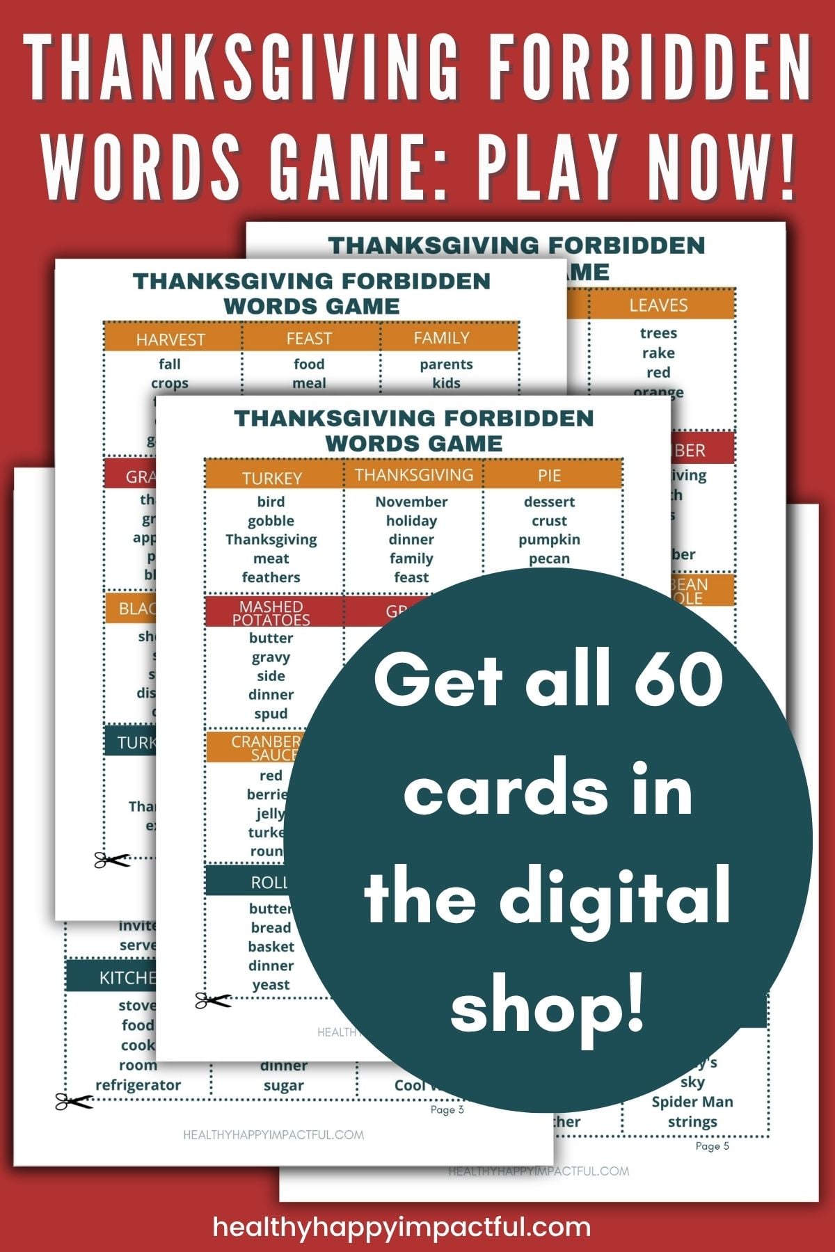 Thanksgiving taboo game cards; forbidden words