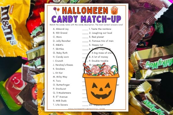 Halloween candy match-up game quiz for kids and adults; printable