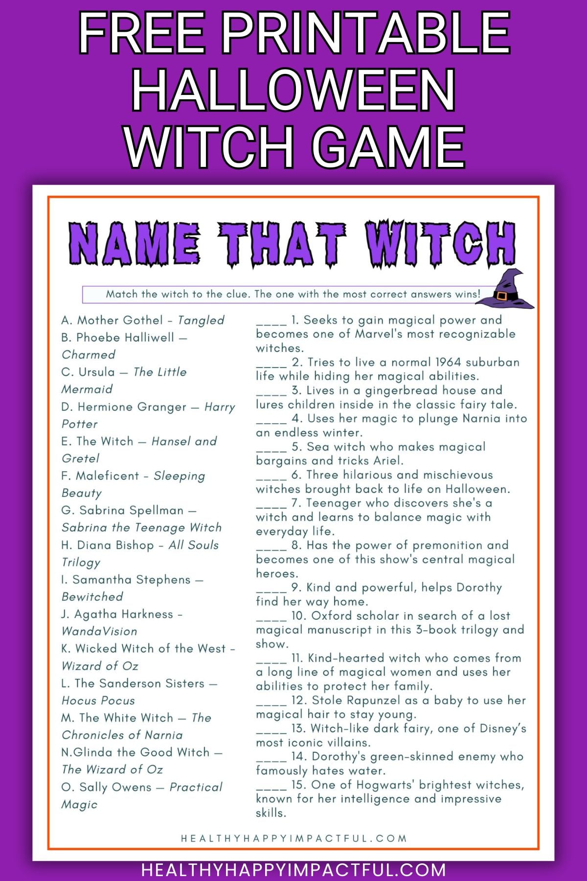 Name that witch free printable Halloween games, matching games