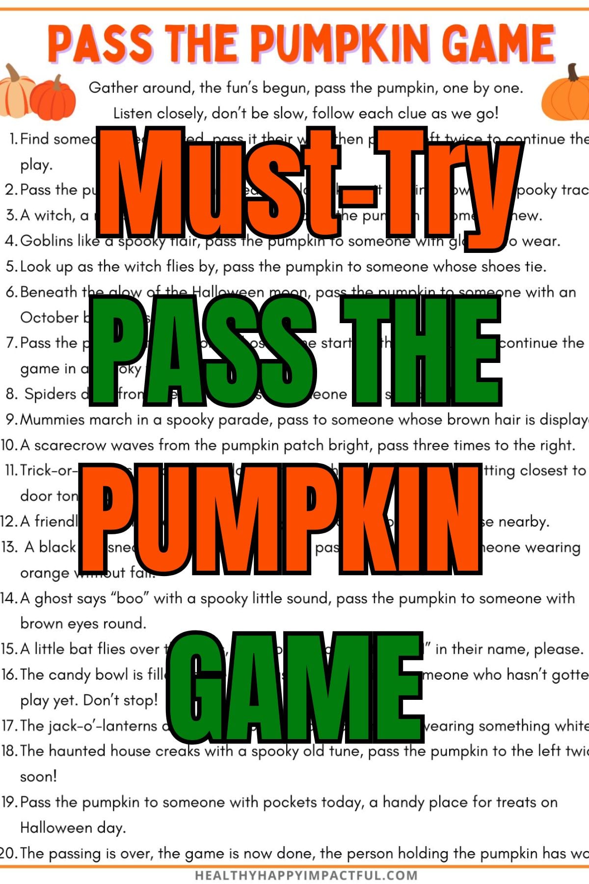 pass the pumpkin game free printable for Halloween; Thanksgiving; preschool