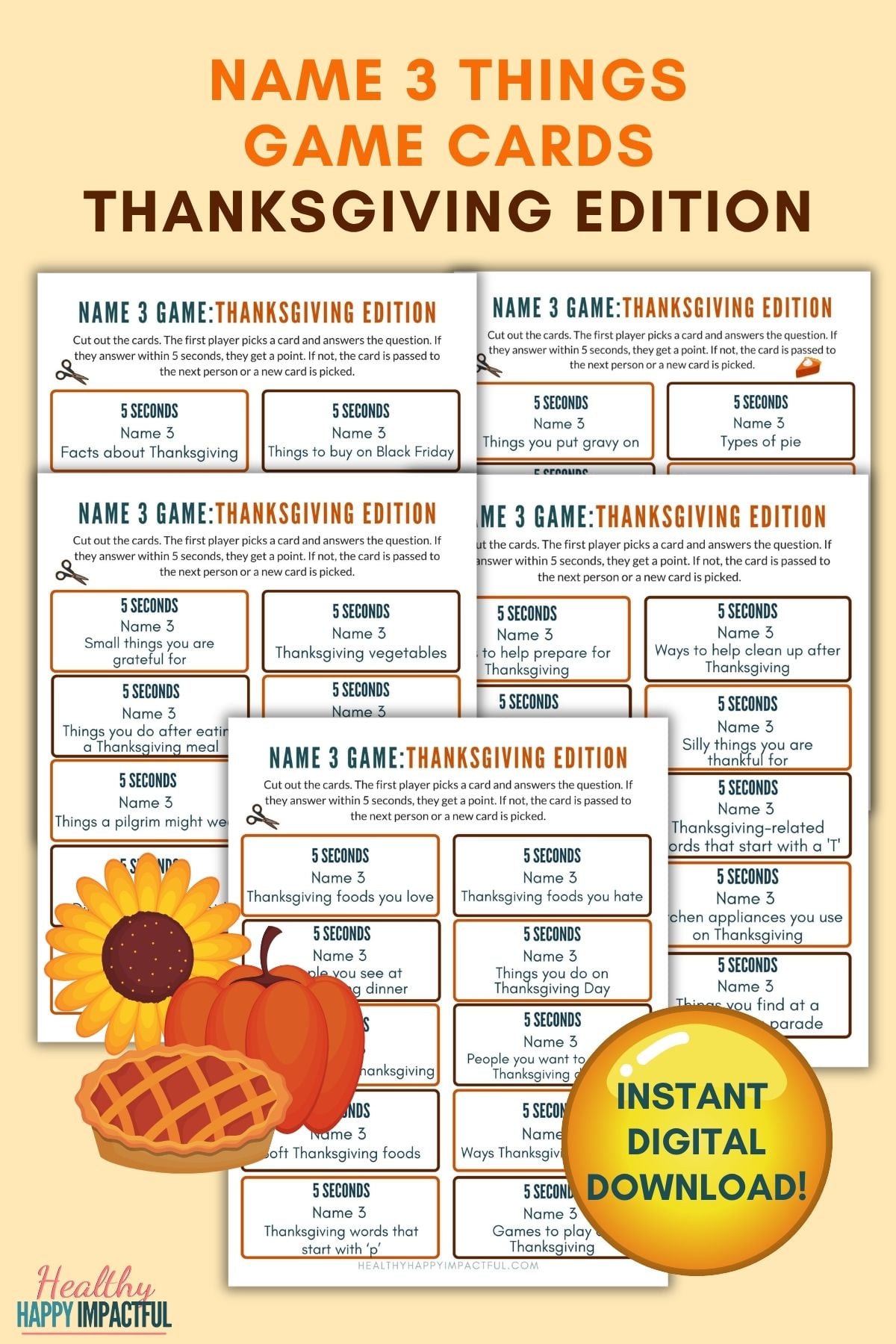 5 second rule game cards; Thanksgiving edition printable, Name 3 Things