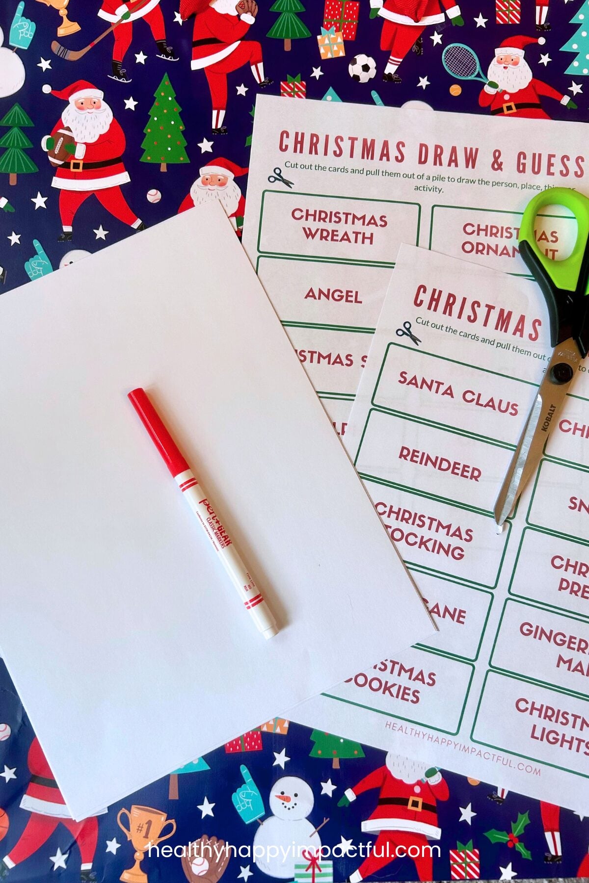 Christmas Pictionary supplies and game prompts