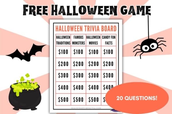 Free Halloween jeopardy game pdf printables for kids, teens, adults, spooky and silly featured image