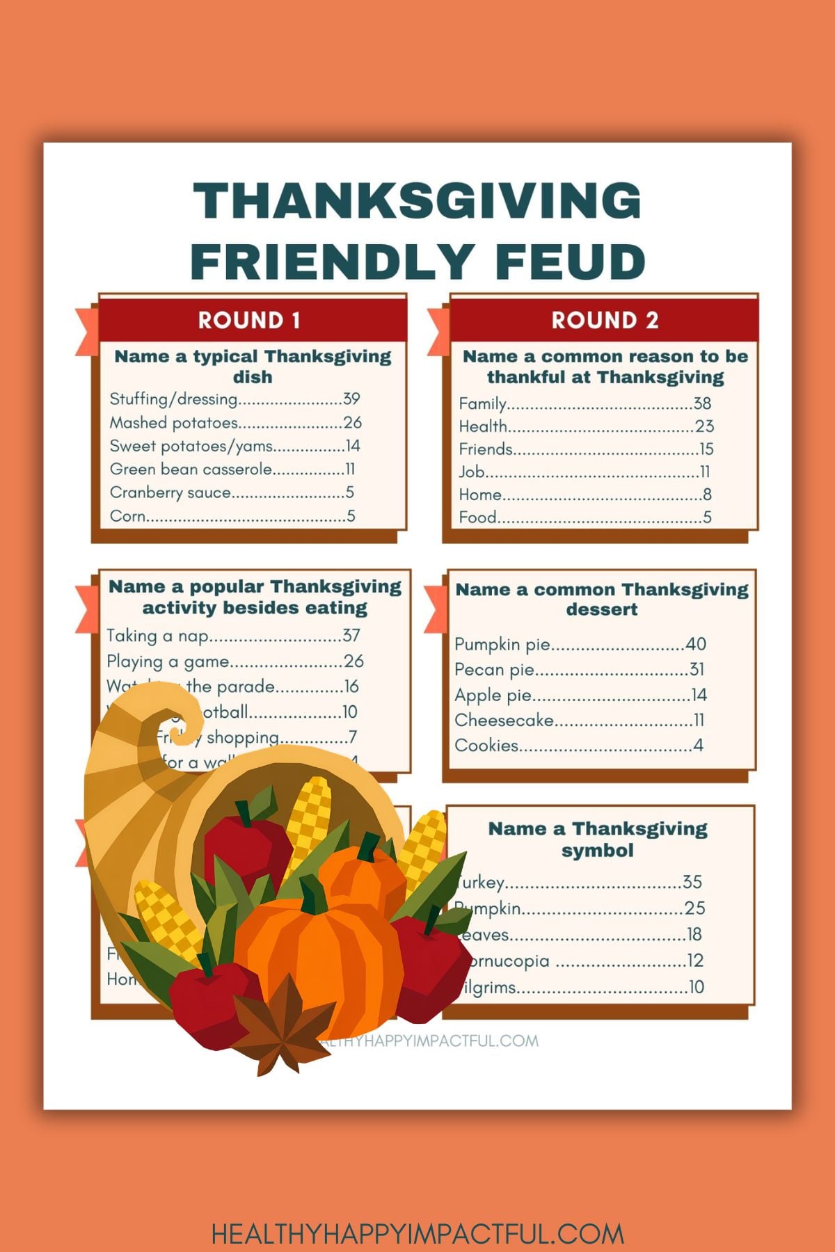 Thanksgiving family feud fall printable game for large groups, families, parties