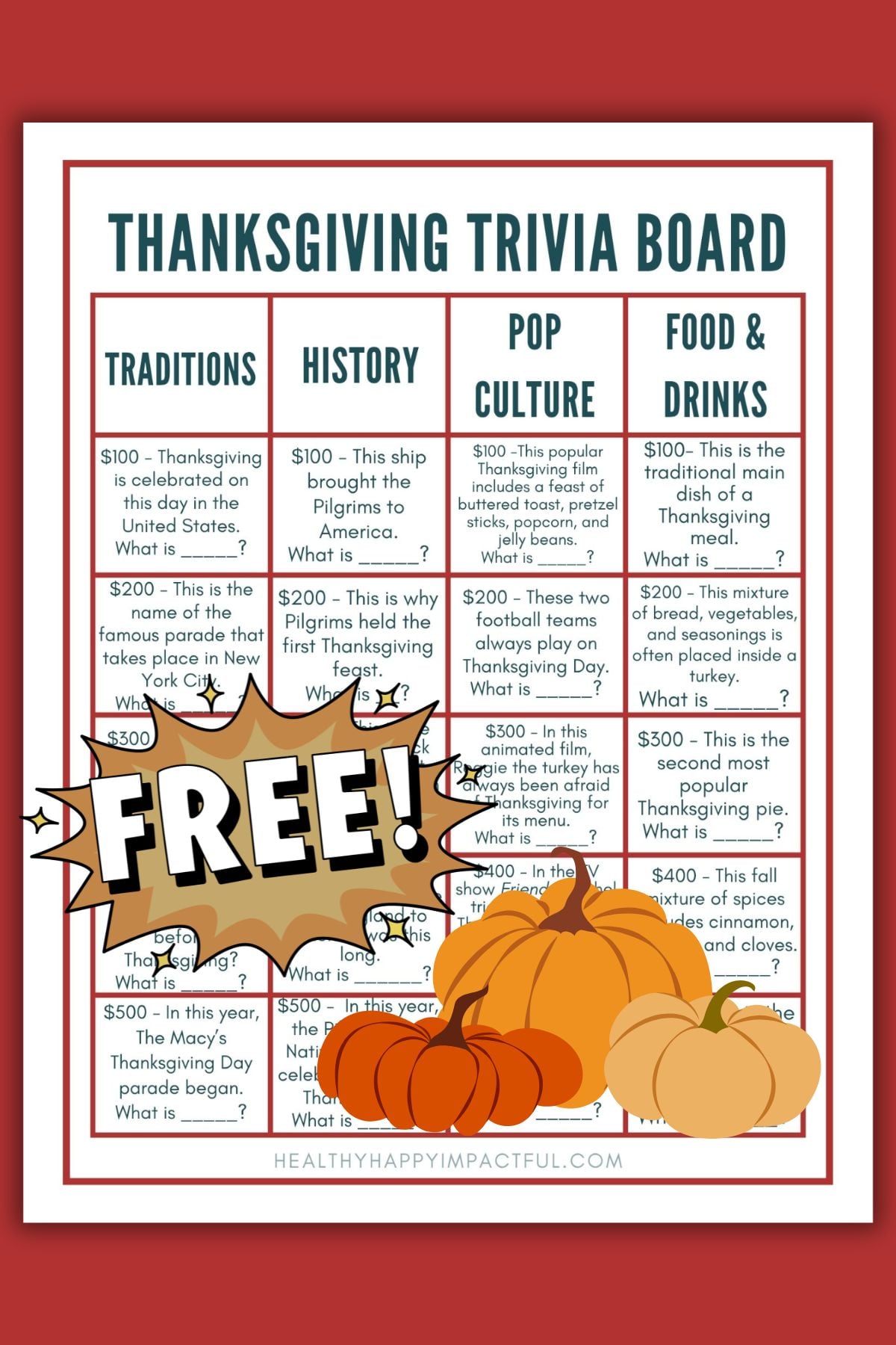 trivia board game pdf for Thanksgiving party and games for kids, teens, adults