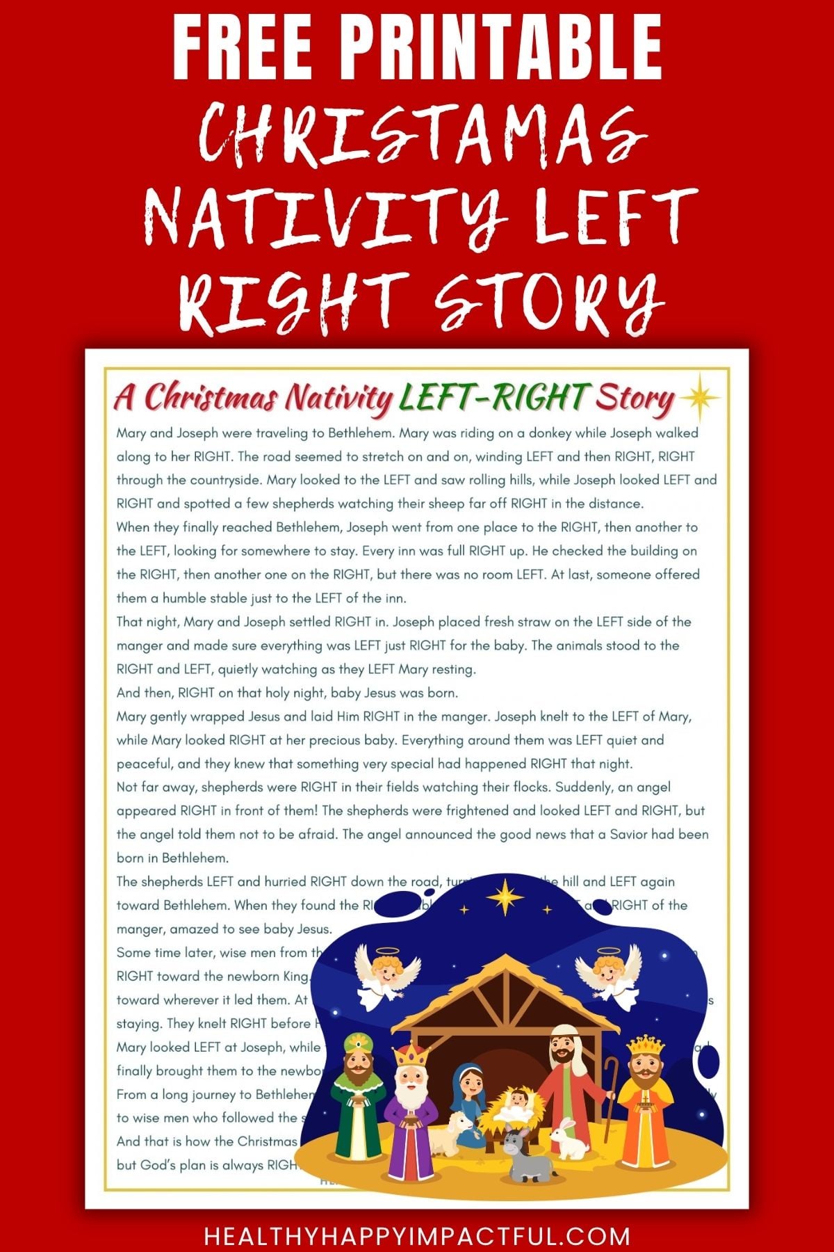 Christmas nativity left right story game for youth groups; church; kids; adults; gift exchange; free printable