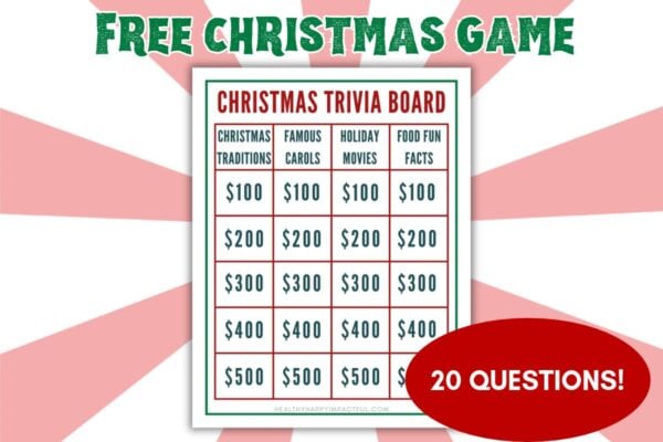 Christmas trivia diy game board with points, fun facts for kids, teens, and adults
