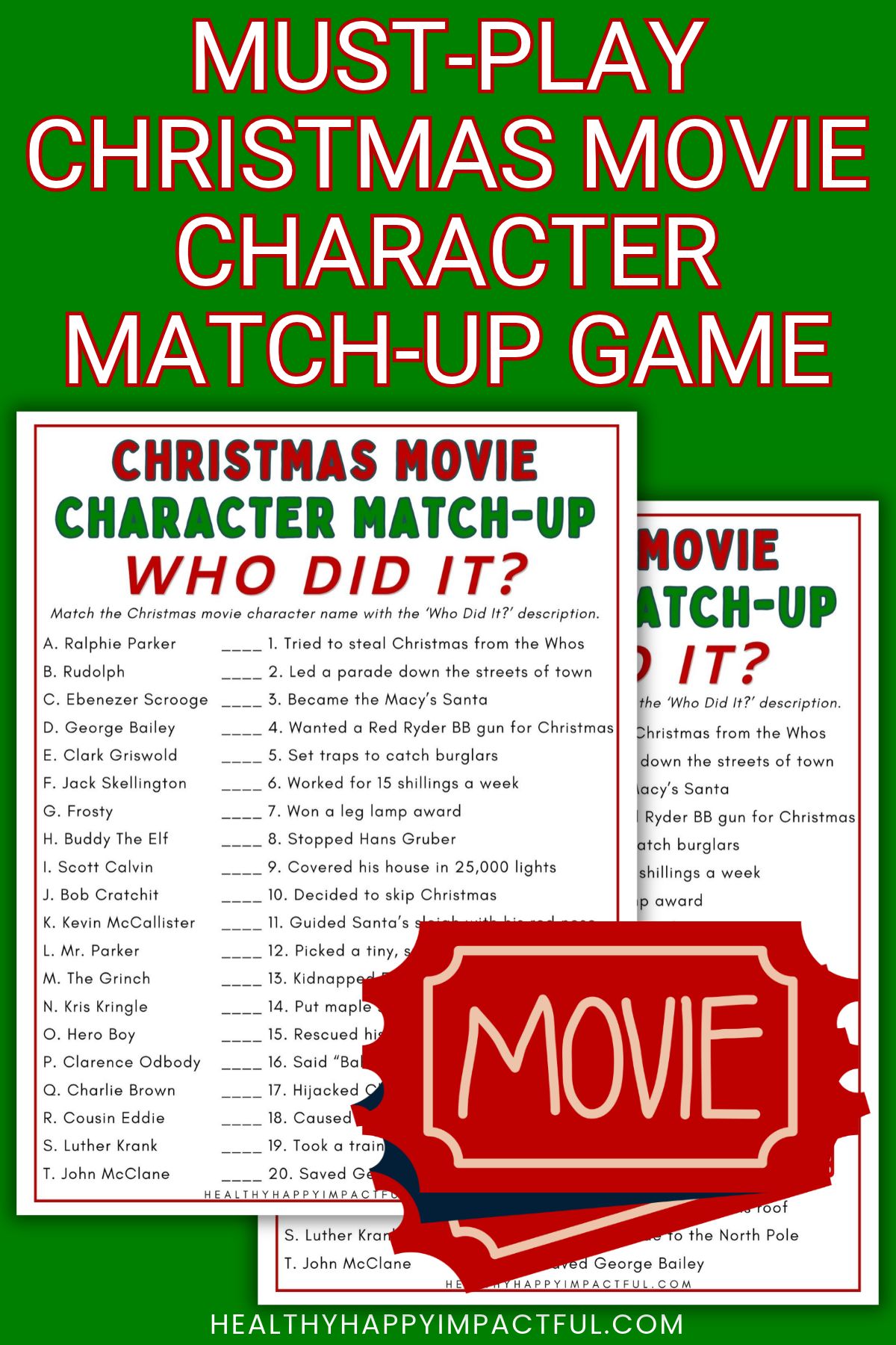 Christmas movie character matching game printable