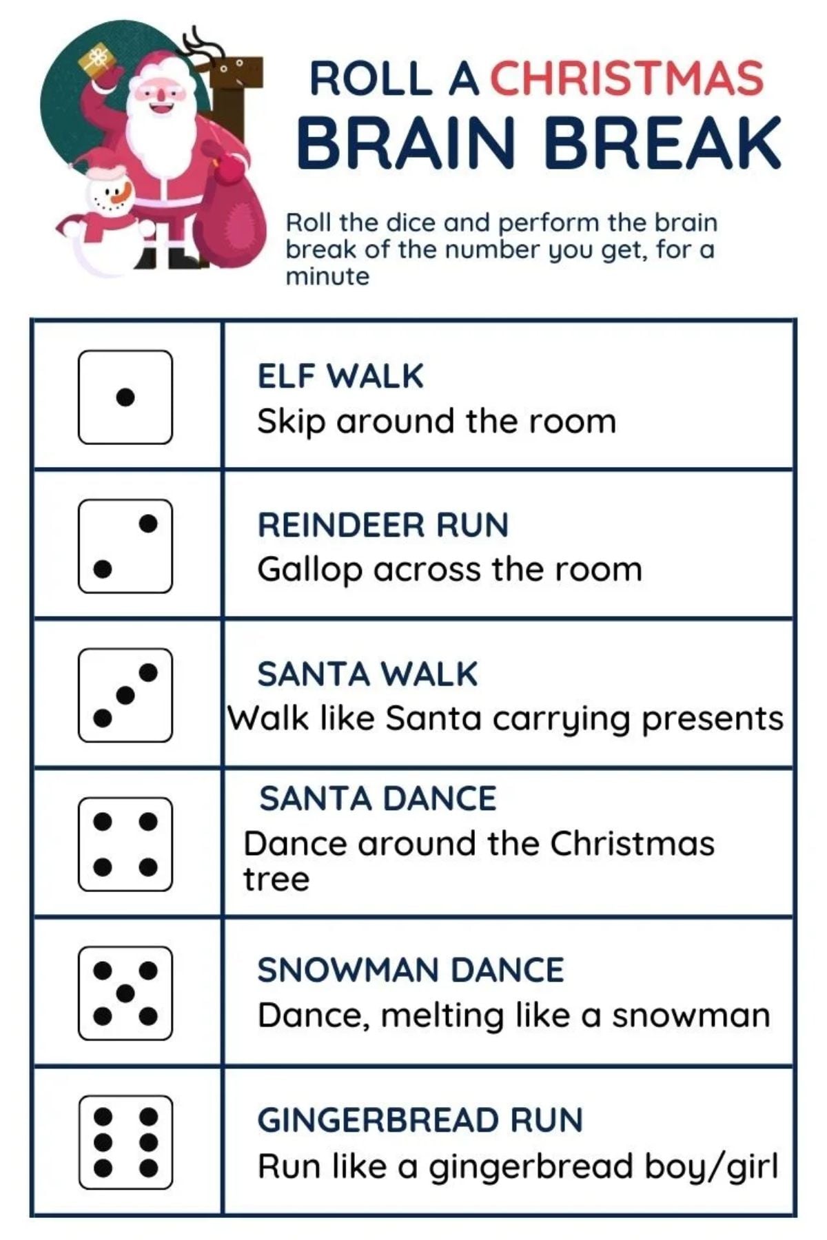 roll a Christmas brain break with dice games for classrooms