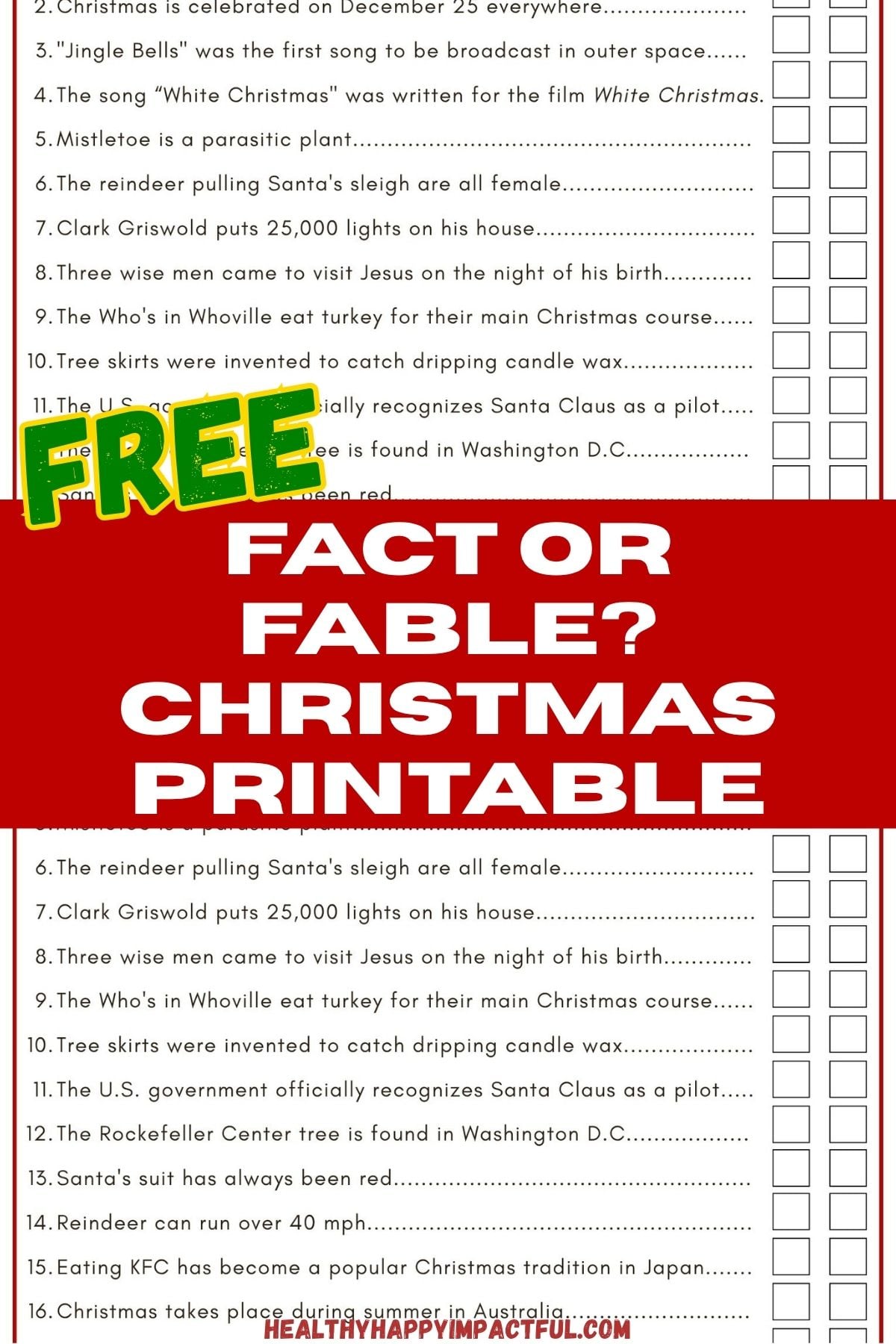 Christmas fact or fiction free printable game for kids and adults; trivia quiz