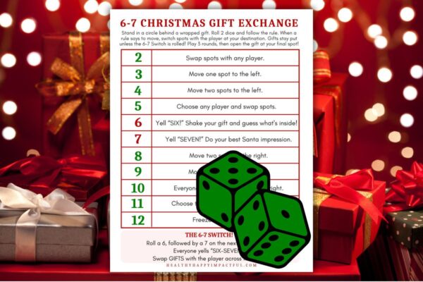 christmas gift exchange games; ideas; free printable; kids; secret santa; dice roll