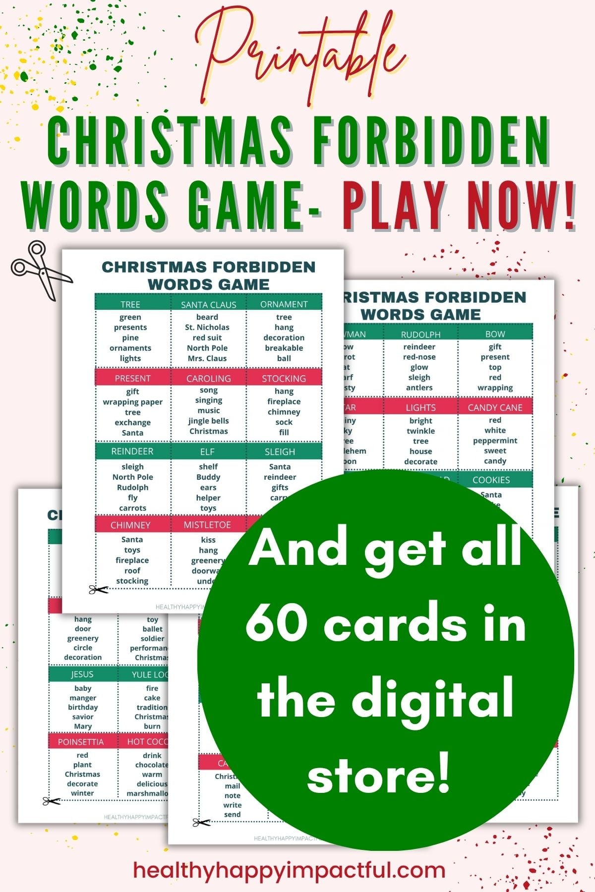 printable Christmas taboo game cards with word lists for kids and adults; holiday
