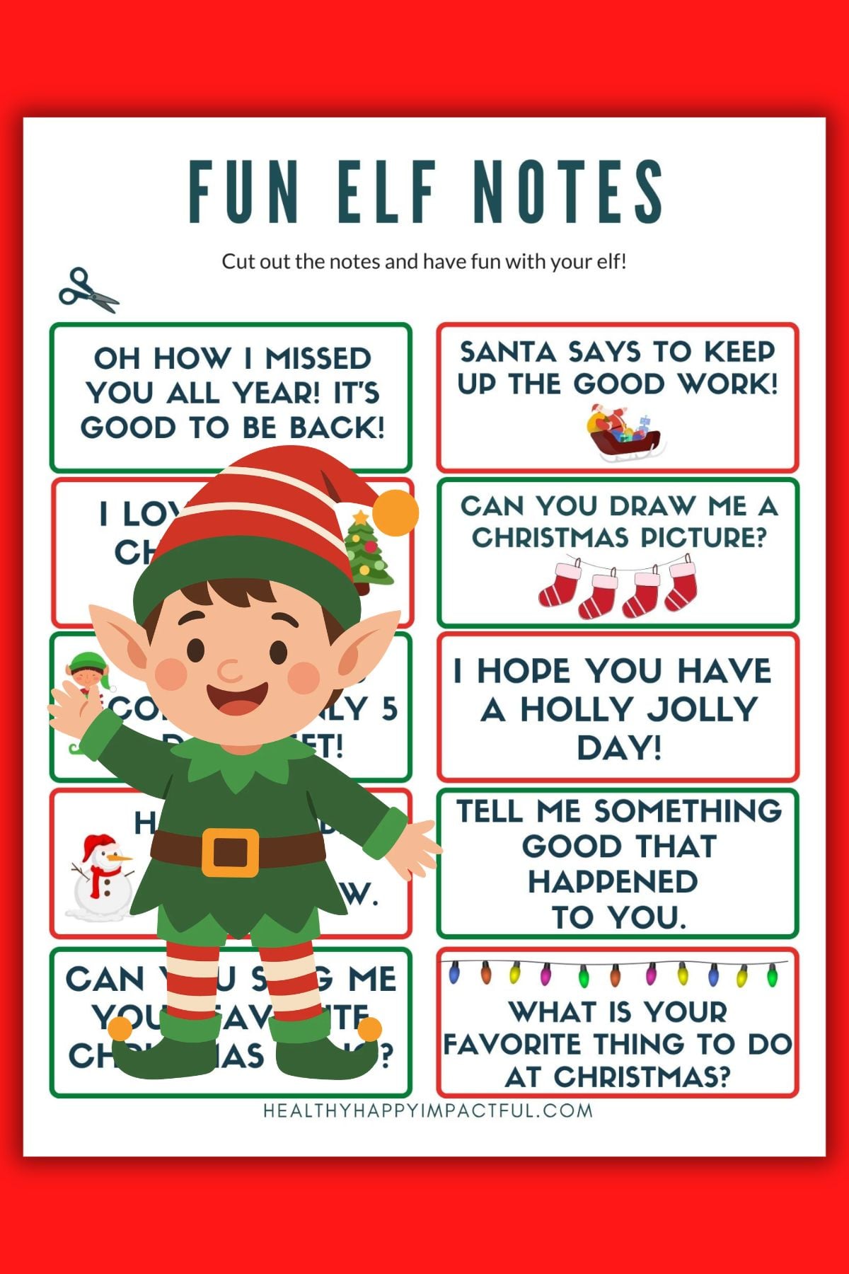 free printable set of elf cards notes letters for kids at Christmas
